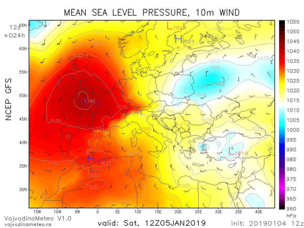 Sinoptička situacija u subotu sredinom dana (GFS)