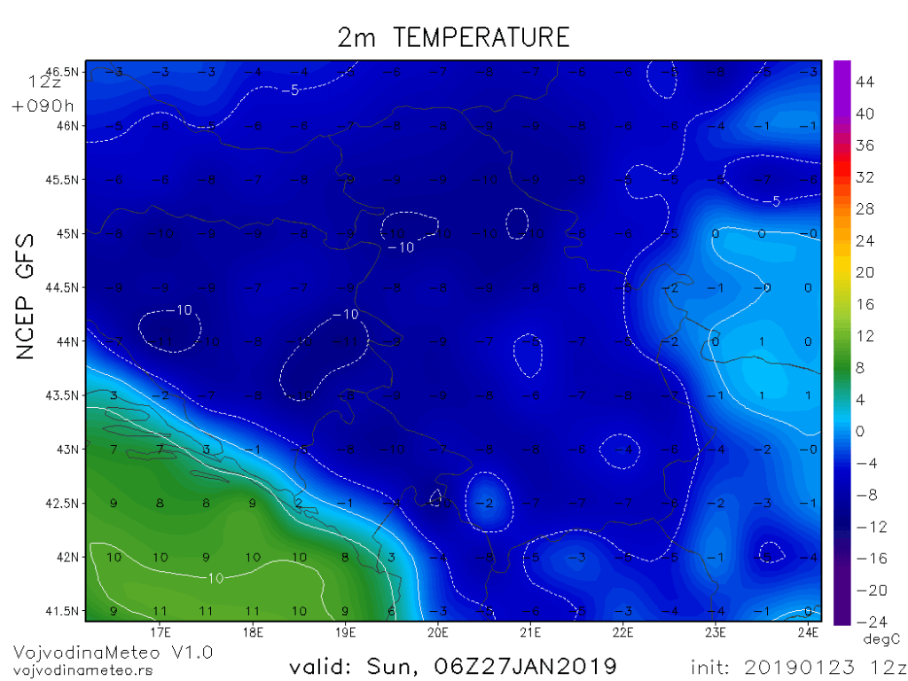 U nedelju bi se jutarnje temperature mogle spustiti i do -10°C (GFS)
