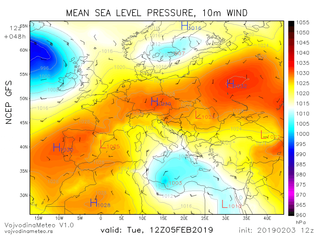 Sinoptička situacija u utorak, anticiklon dominira Evropom (GFS)