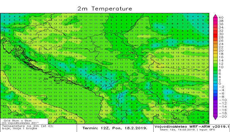 Temperature u regionu u ponedeljak (ARW)