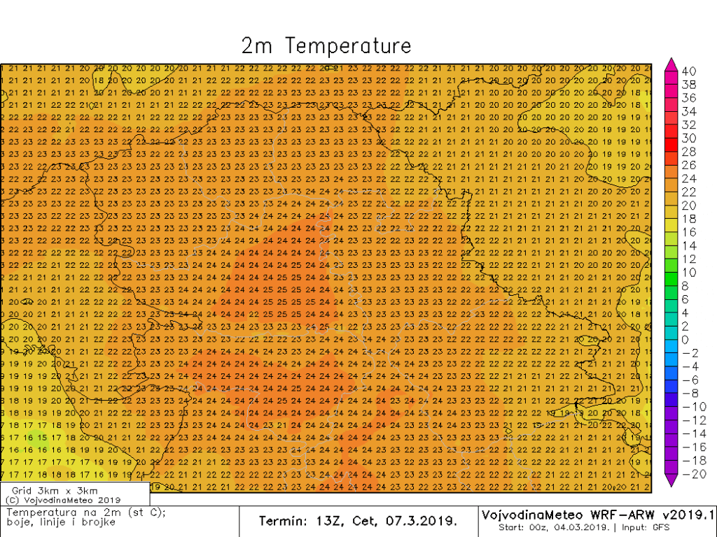 Današnja projekcija maksimalnih temperatura u četvrtak (ARW)