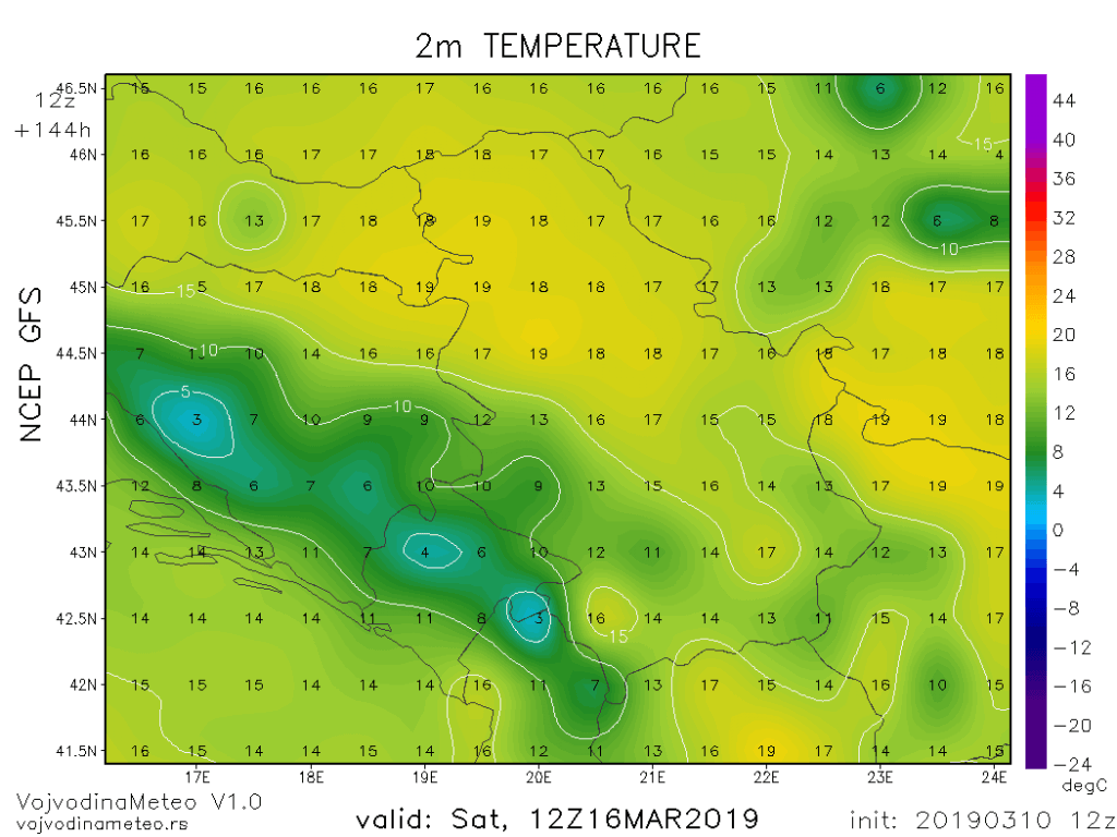 Moguće dnevne temperature krajem sedmice (GFS)