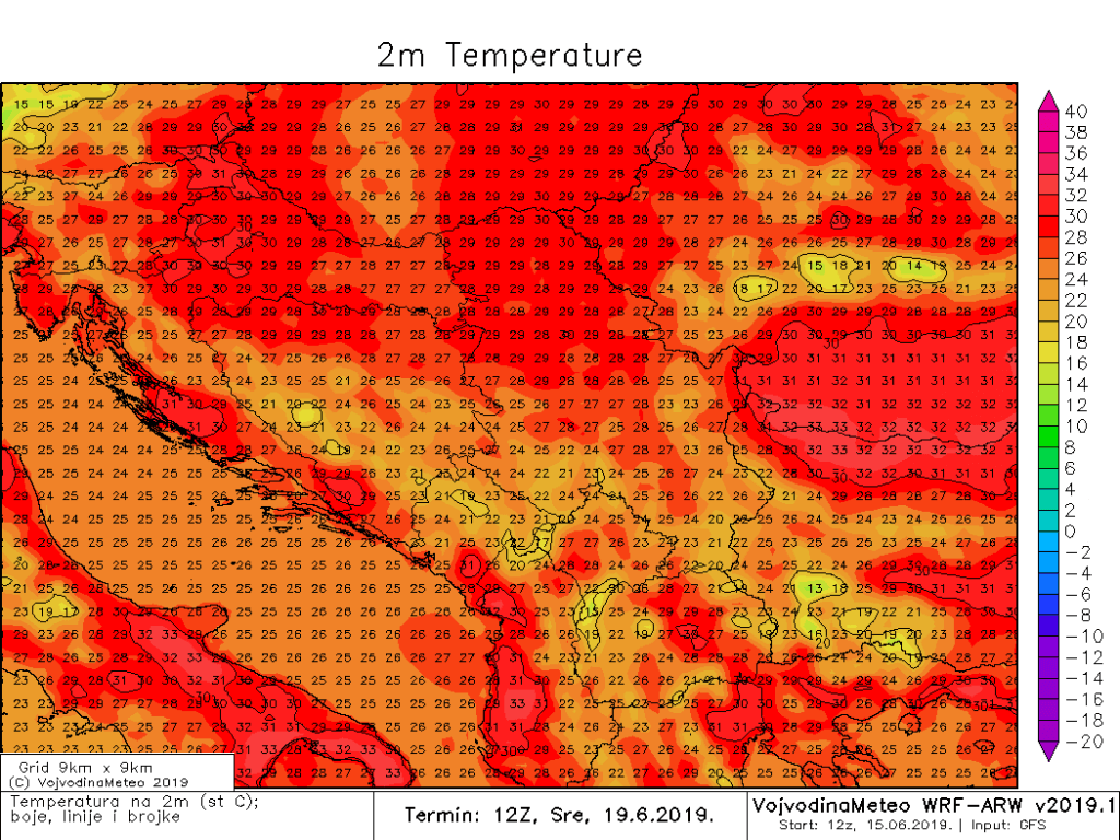 Maksimalne temperature u regionu u sredu (ARW)