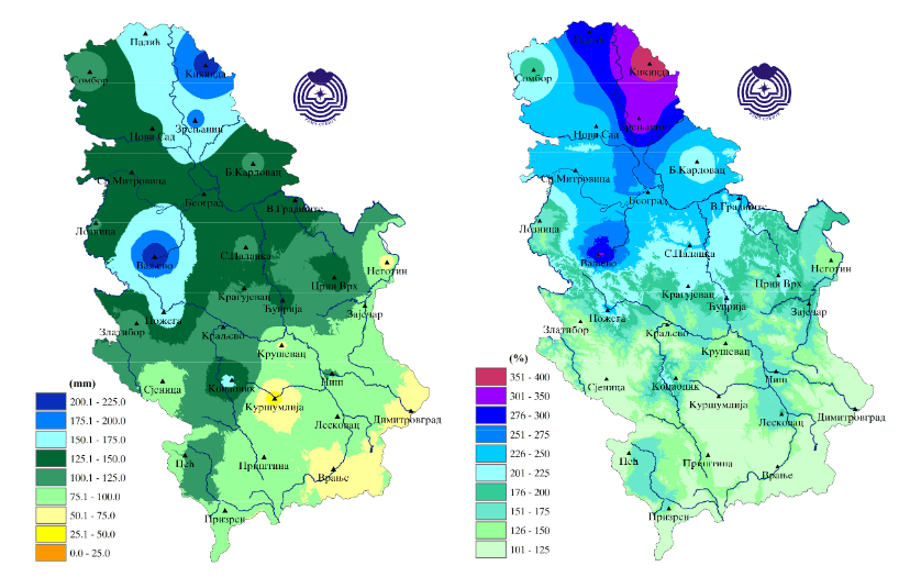 Mesečna suma padavina u maju i odstupanje u procentima od normale period 1981 2010 - maj 2019 (Izvor: RHMZ Srbije)