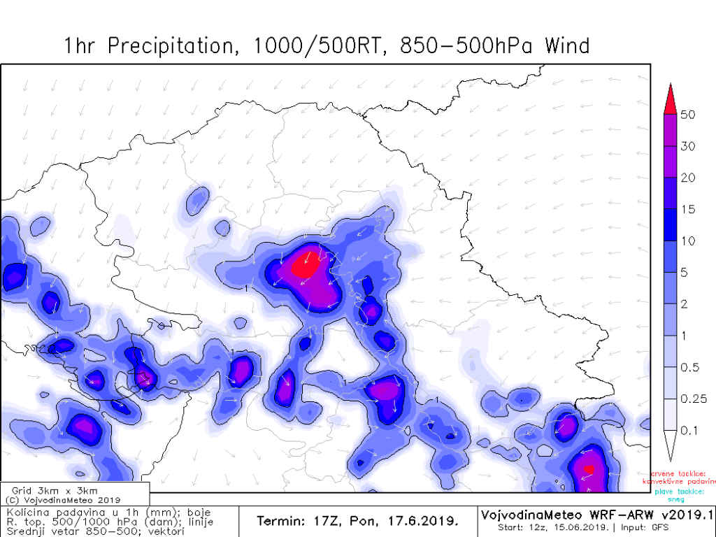 Moguće obilne padavine za kratko vreme u ponedeljak (ARW)