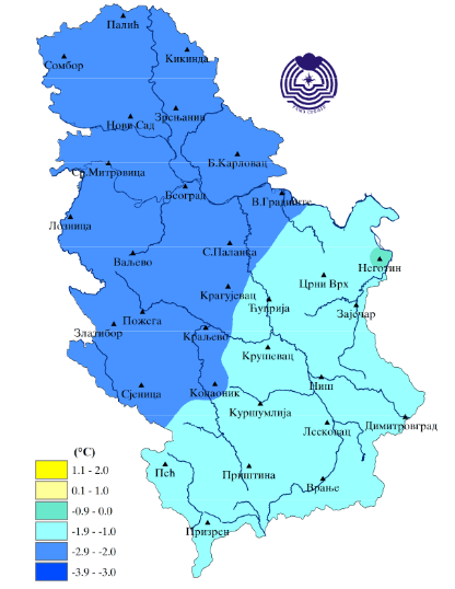 Odstupanje srednje mesečne temperature - maj 2019 (Izvor: RHMZ Srbije)