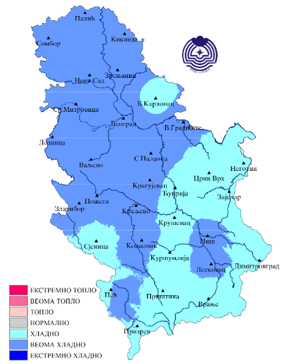 Prostorna raspodela srednje mesečne temperature metodom percentila - maj 2019 (Izvor: RHMZ Srbije)
