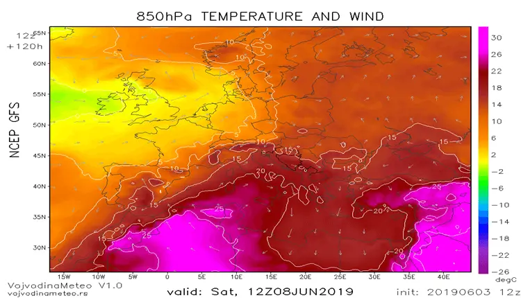 Topla vazdušna masa zahvata Balkansko poluostrvo (GFS)