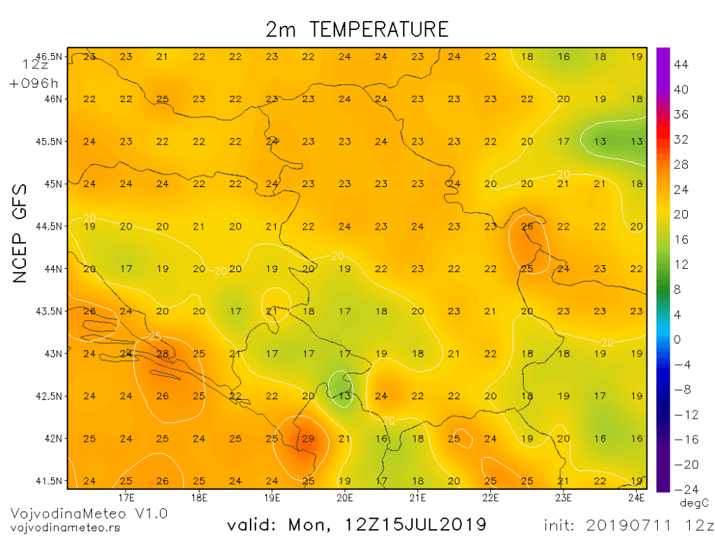 Maksimalne temperature u ponedeljak (GFS)