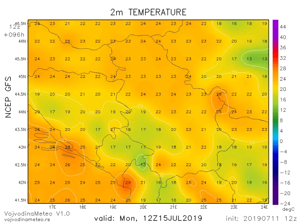 Maksimalne temperature u ponedeljak (GFS)