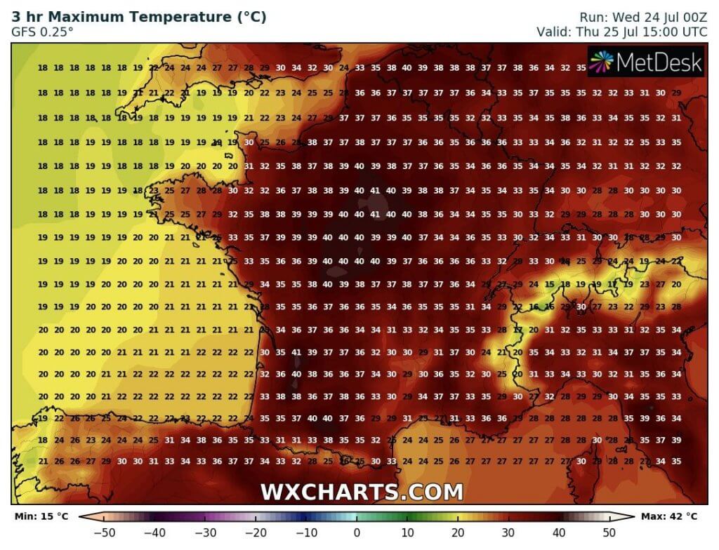 Projektovane maksimalne temperature Francuskoj (GFS)