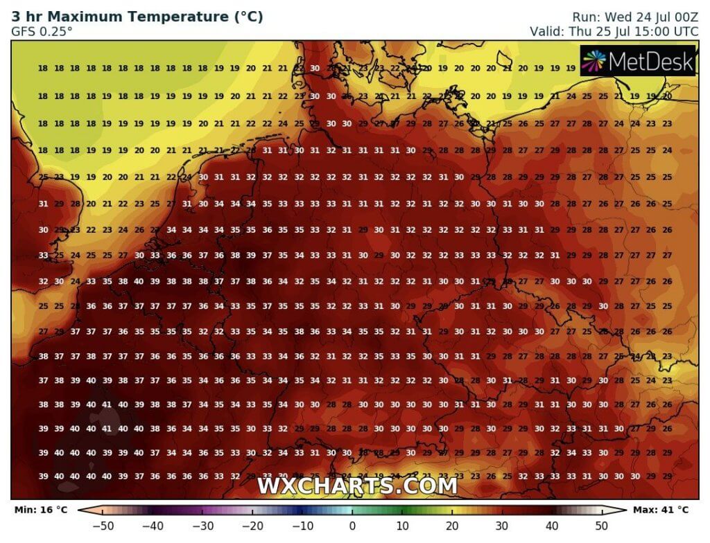 Projektovane maksimalne temperature u delu srednje Evrope (GFS)