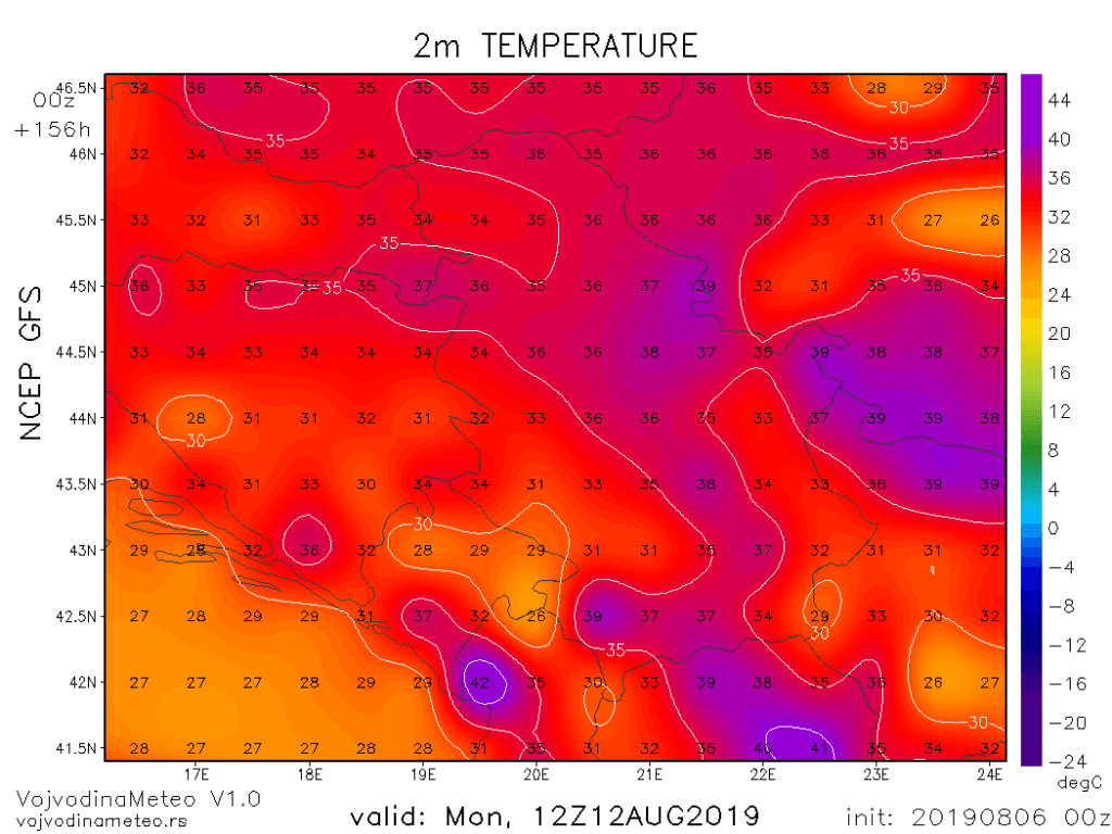 Očekivane maksimalne temperature u ponedeljak (GFS)