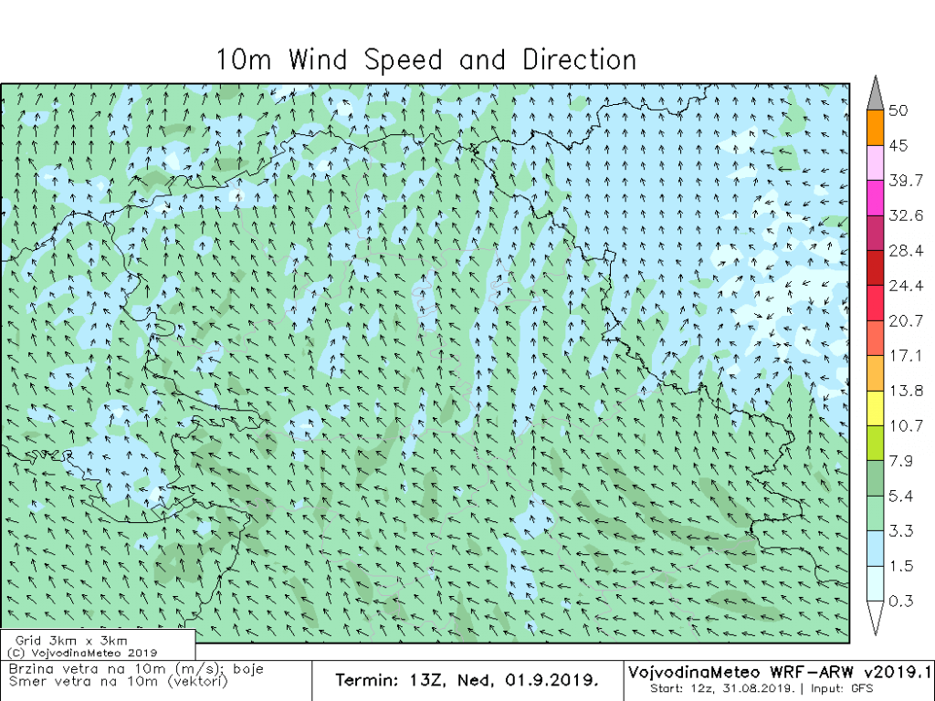 Slab i umeren jugoistočni vetar u nedelju (ARW)