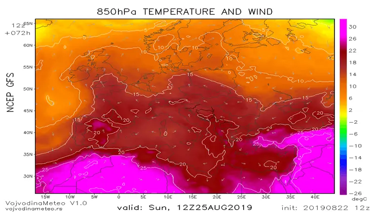 Temperatura na 1500m u nedelju iznad Evrope (GFS)