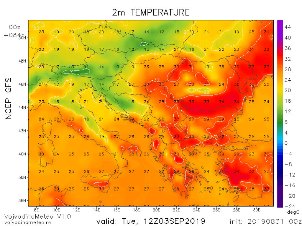 Temperature u regionu u utorak sredinom dana (GFS)