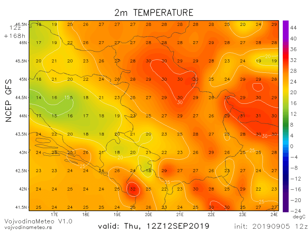 Maksimalne temperature sledećeg četvrtka (GFS) - promene su naravno vrlo moguć