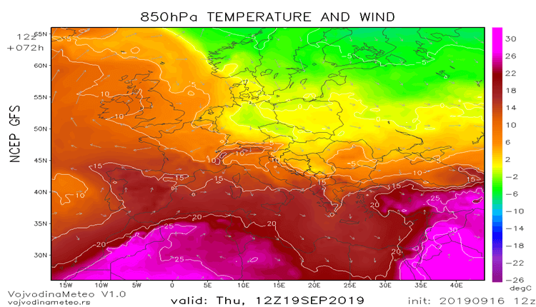 Temperatura na 850hPa u Evropi u cetvrtak (GFS)