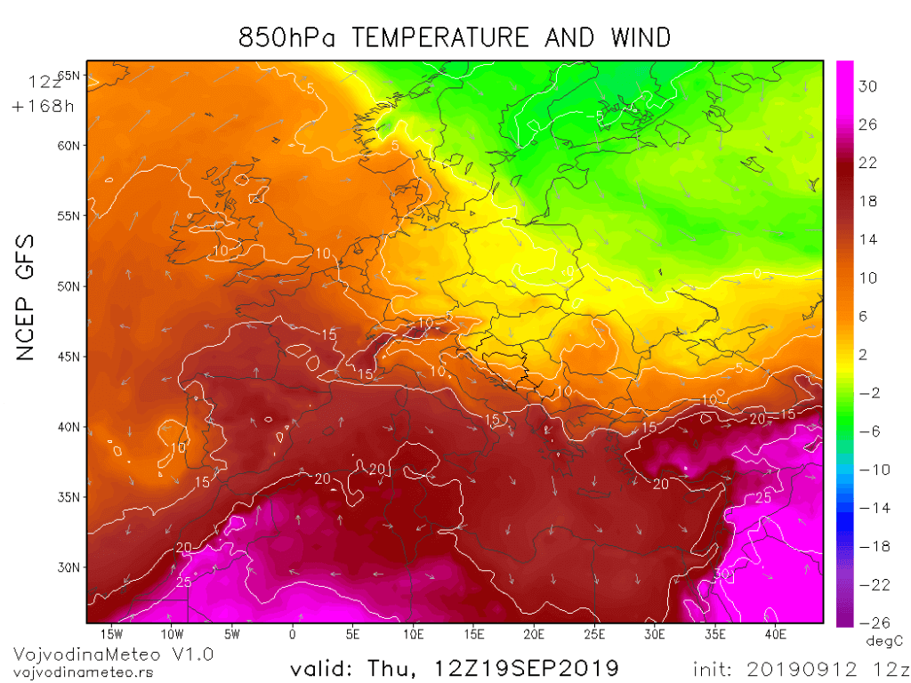 Temperatura na visini 1500m u četvrtak (GFS)