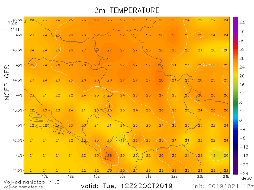 Maksimalne temperature u utorak (GFS)