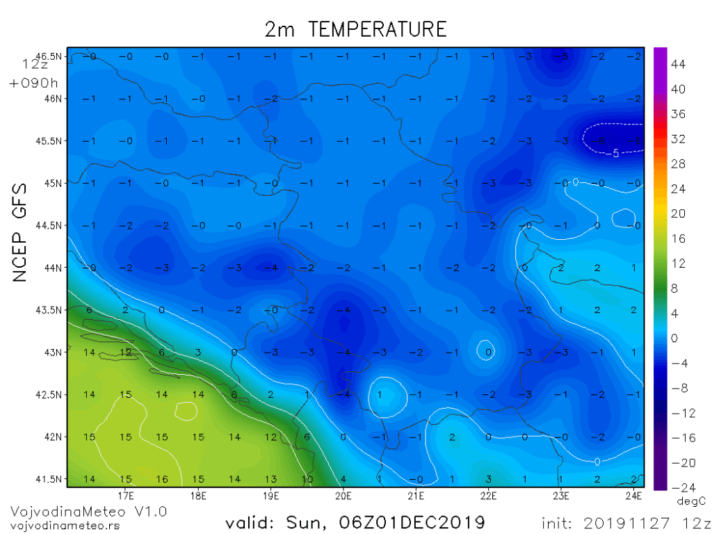 Jutarnji mraz u nedelju (GFS)