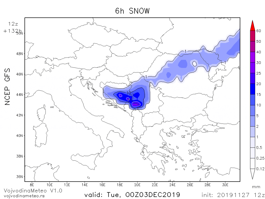 Mala mogućnost za pojavu snega u ponedeljak pred kraj padavina (GFS)