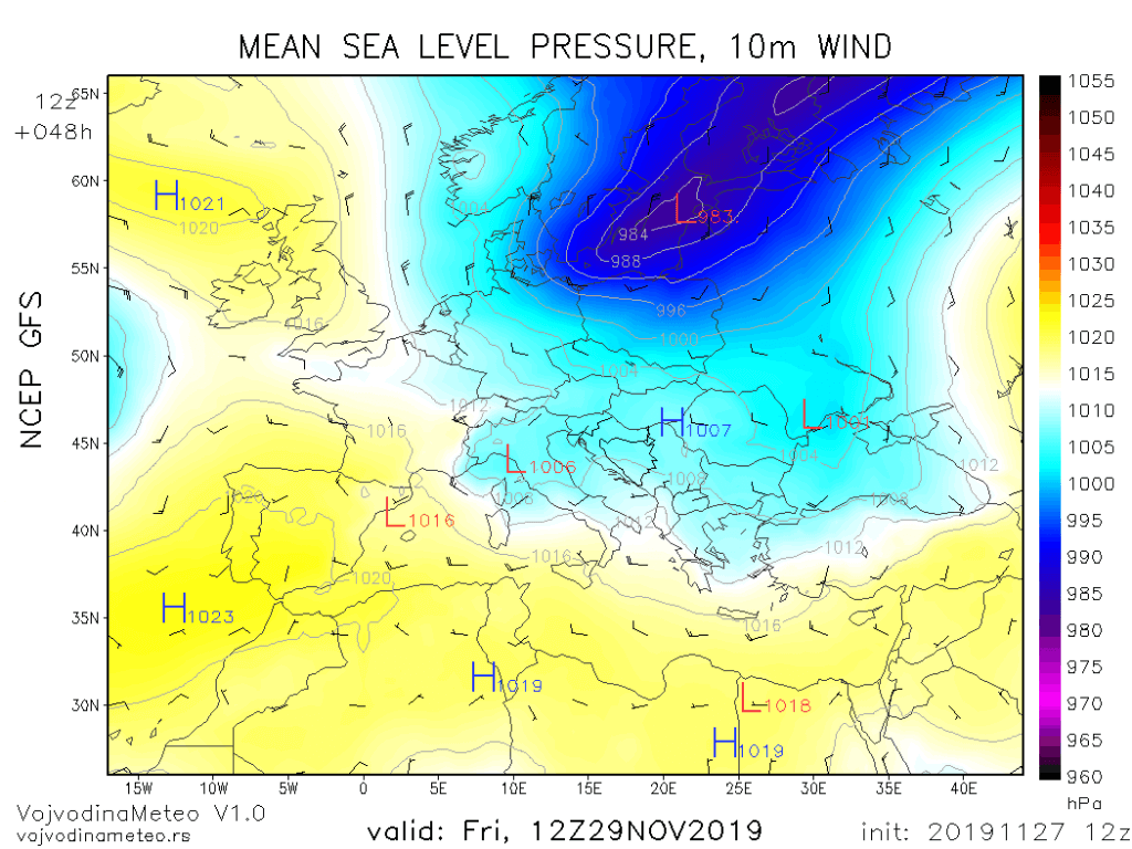 Sinoptička situacija u petak (GFS)