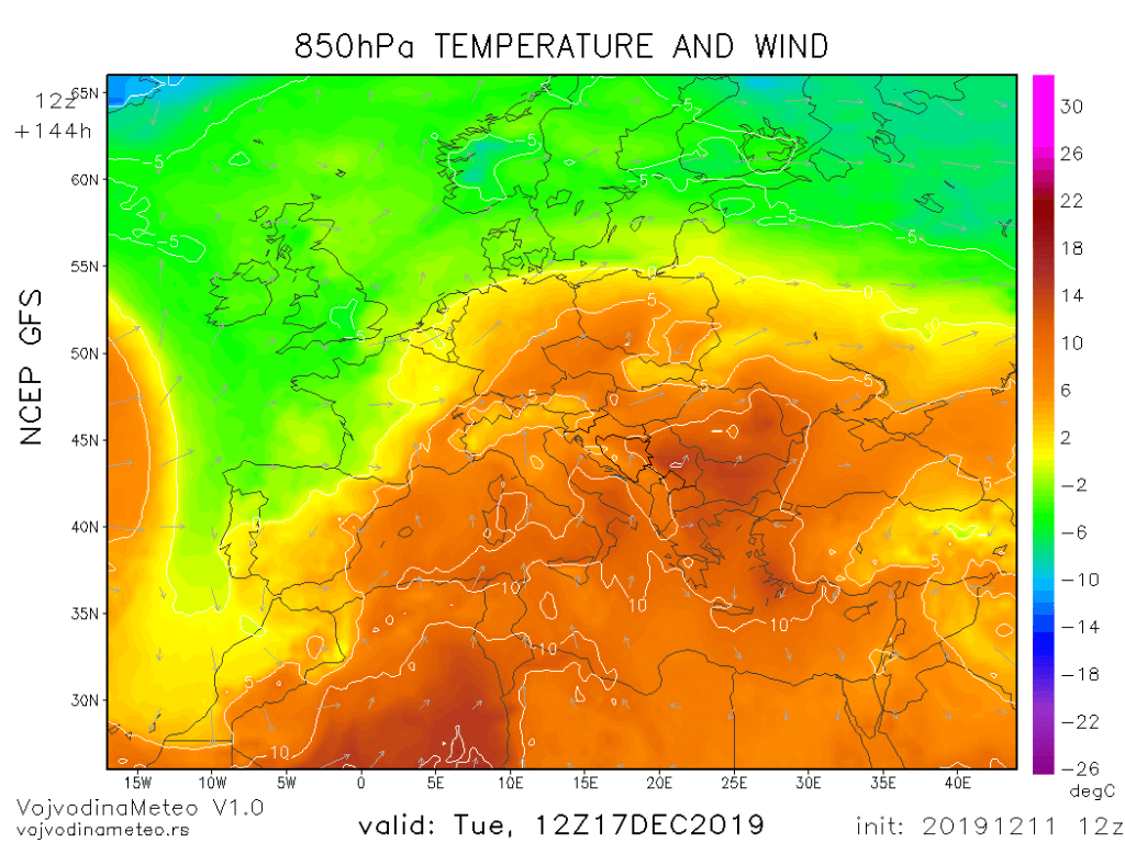 Topla vazdušna masa iznad našeg dela Evrope (GFS)