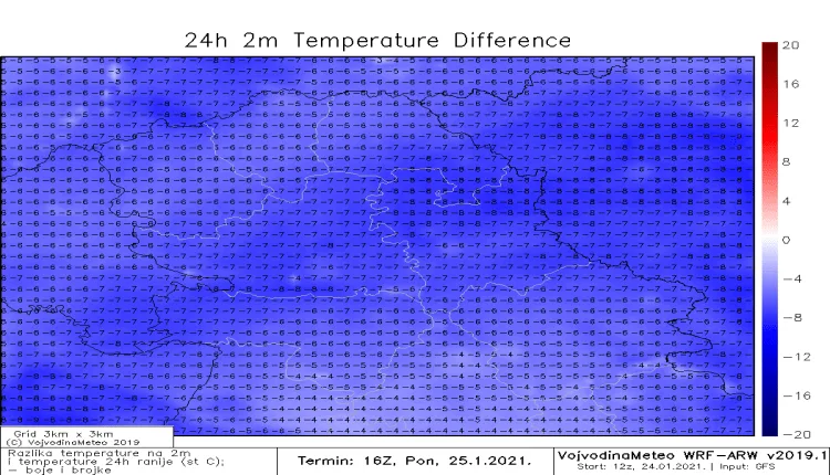 Razlika u temperaturi u odnosu na nedelju (WRF)