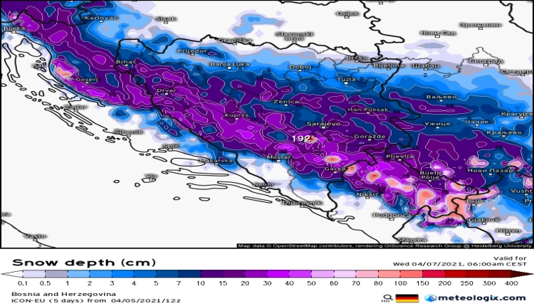 Snežni pokrivač u regionu u sredu ujutru (ICON)