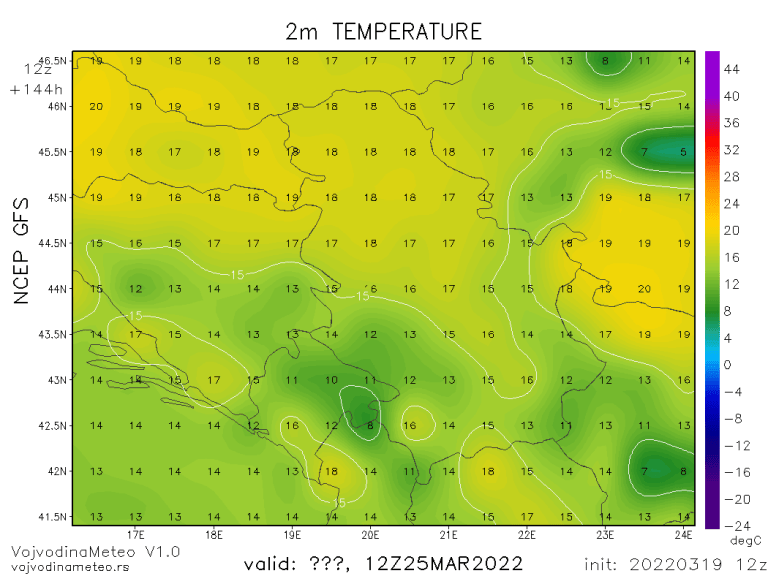 Očekivane maksimalne temperature 25. marta (GFS)
