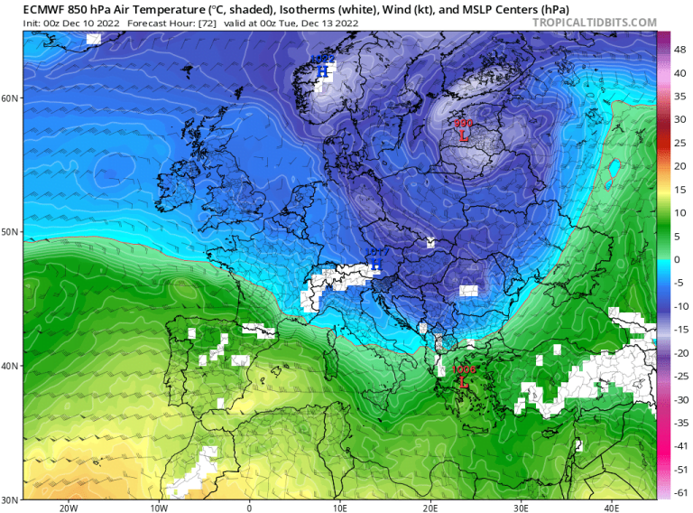 Hladna vazdušna masa zahvatiće veći deo Evrope (ECMWF za 13.12) - tropicaltidbits.com