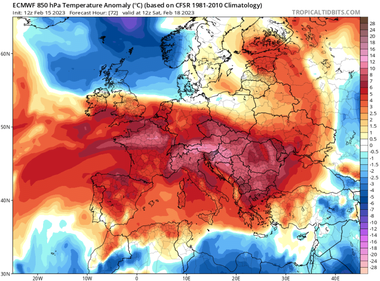 Iznadprosečno toplo za vikend u većem delu Evrope (ECMWF) - tropicaltidbits.com