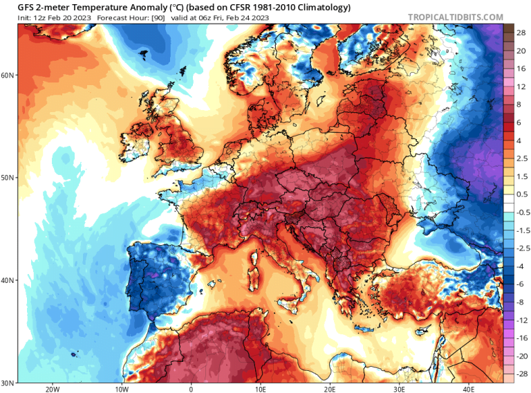 Odstupanje temperature na 2m od normale u petak (Source: tropicaltidbits.com)