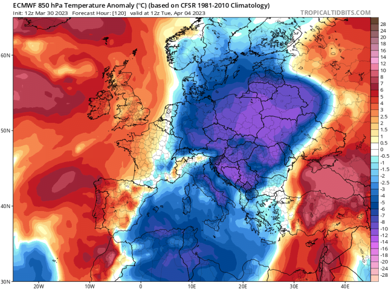 Temperature ponovo idu ispod proseka uskoro- ECMWF (Source: tropicaltidbits.com)