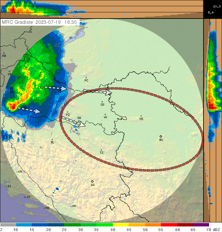Nowcasting najava i radar (Radarska slika: DHMZHR ; obrada: VojvodinaMeteo)