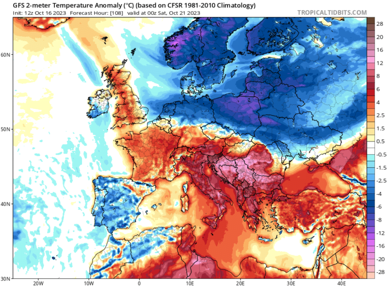 Odstupanje temperature od normale u noći između petka i subote prema GFS modelu (Izvor: tropicaltidbits.com)