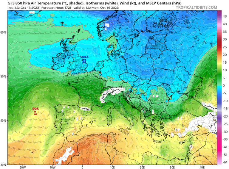 T850hPa i sinoptika za ponedeljak po GFS modelu Izvor: tropicaltidbits.com)