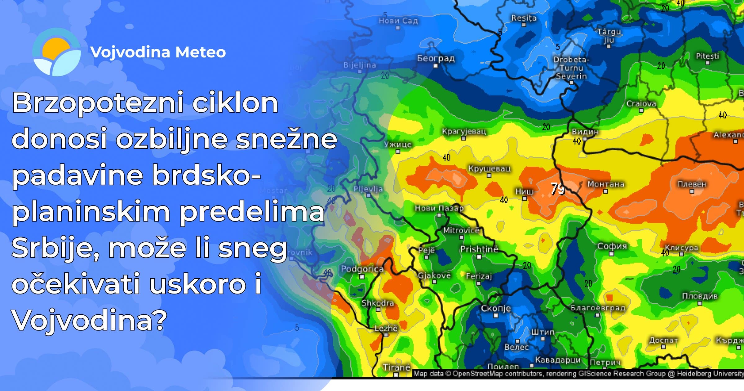Najava obilnijih padavina i vlažnog snega 24.11 za ostatak Srbije (Mapa u pozadini: meteologix.com)