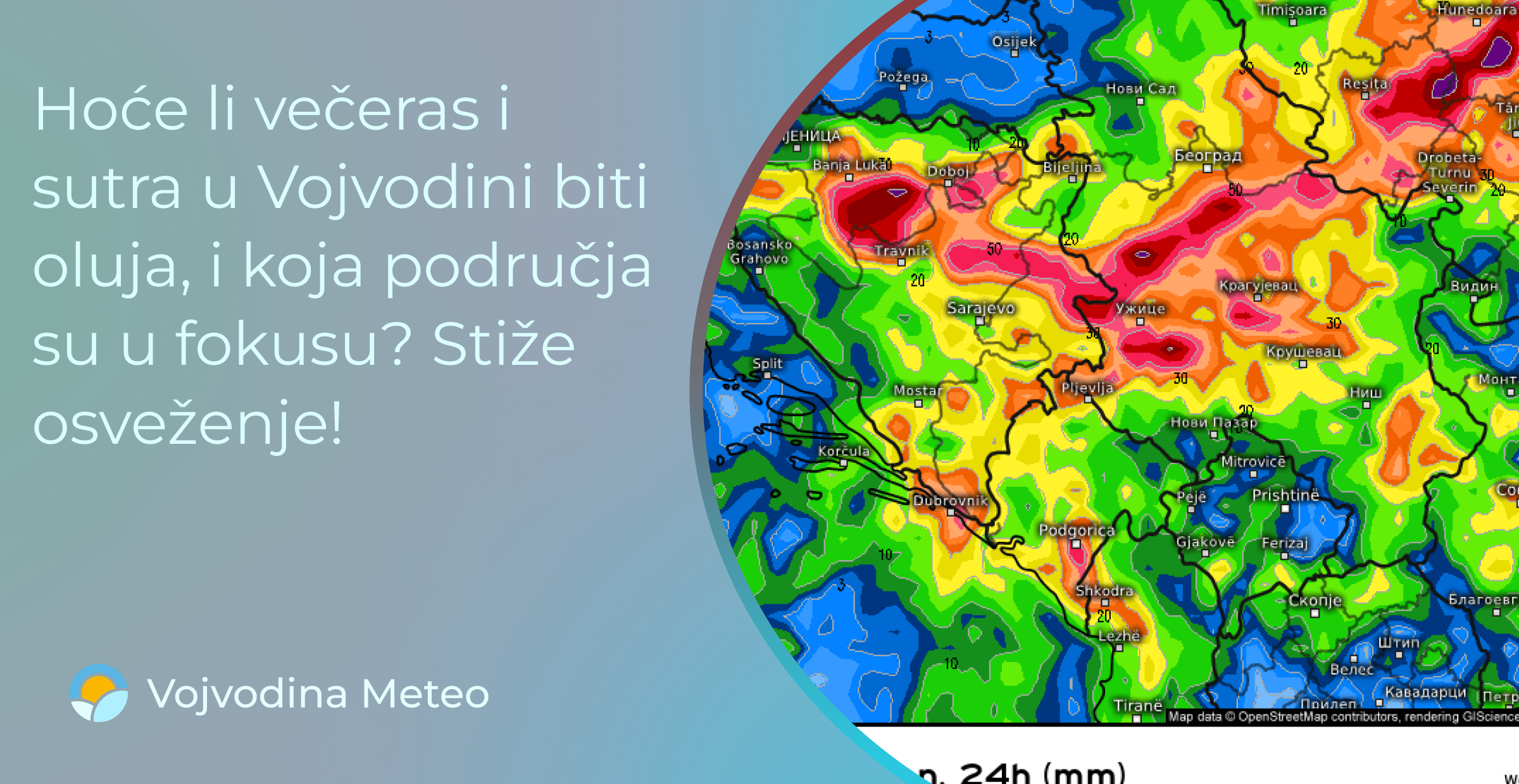 Najava promene vremeena u noći ka utorku (Mapa u pozadini: meteologix.com)