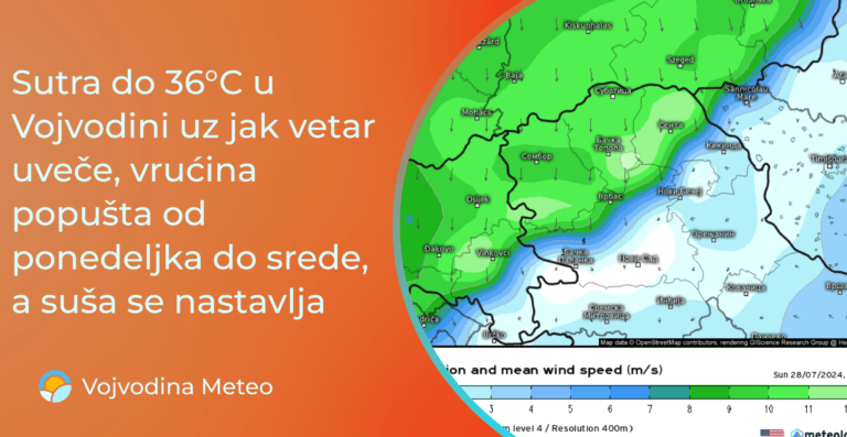 Najava za nedelju i period do kraja jula (Mapa u pozadini: vetar u nedelju uveče po GFS modelu ; meteologix.com)