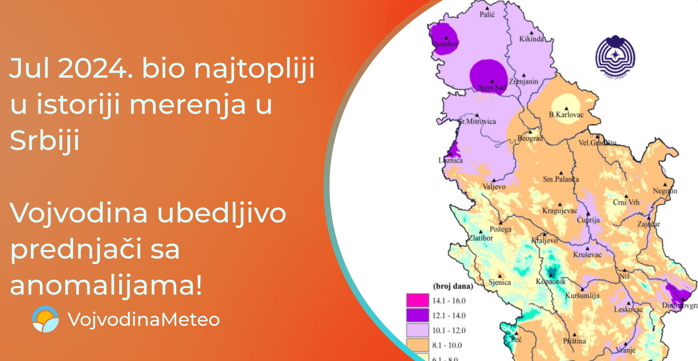 Analiza jula 2024 godine prema RHMZ ukazuje na najtopliji jul u istoriji merenja (Slika u pozadini: hidmet.gov.rs)