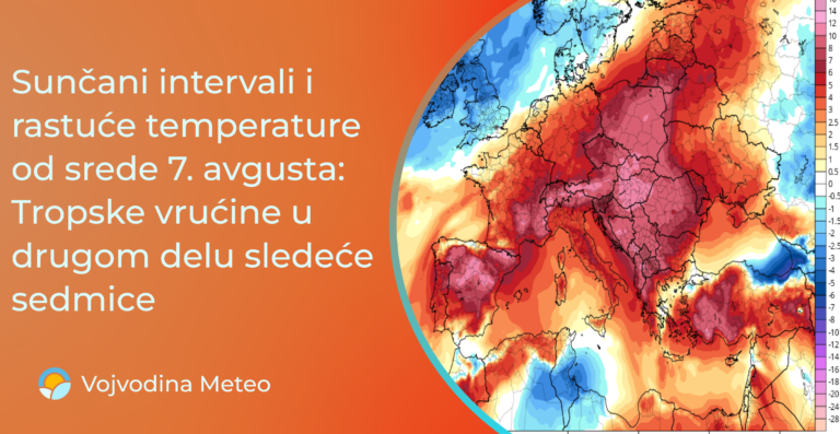 Najava uglavnom pretežno sunčanog i sledeće sedmice sve toplijeg vremena (Mapa u pozadini: tropicaltidbits.com ; odstupanje T850hPa po GFS modelu u subotu)