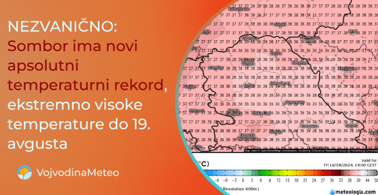 Sombor nezvanično ima novi maksimalni rekord, bez većeg zahlađenja u narednom periodu (Mapa u pozadini: Tmax u petak ; meteologix.com)