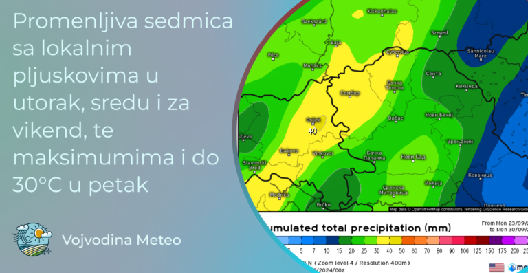 Najava promenljivog i generalno toplog vremena tokom aktuelne sedmice (Mapa u pozadini: meteologix.com)