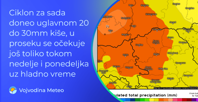 Nastavlja se uticaj ciklona uz pozno oktobarsko vreme (Mapa u pozadini: ukupne padavine do uktorka uveče ; meteologix.com)