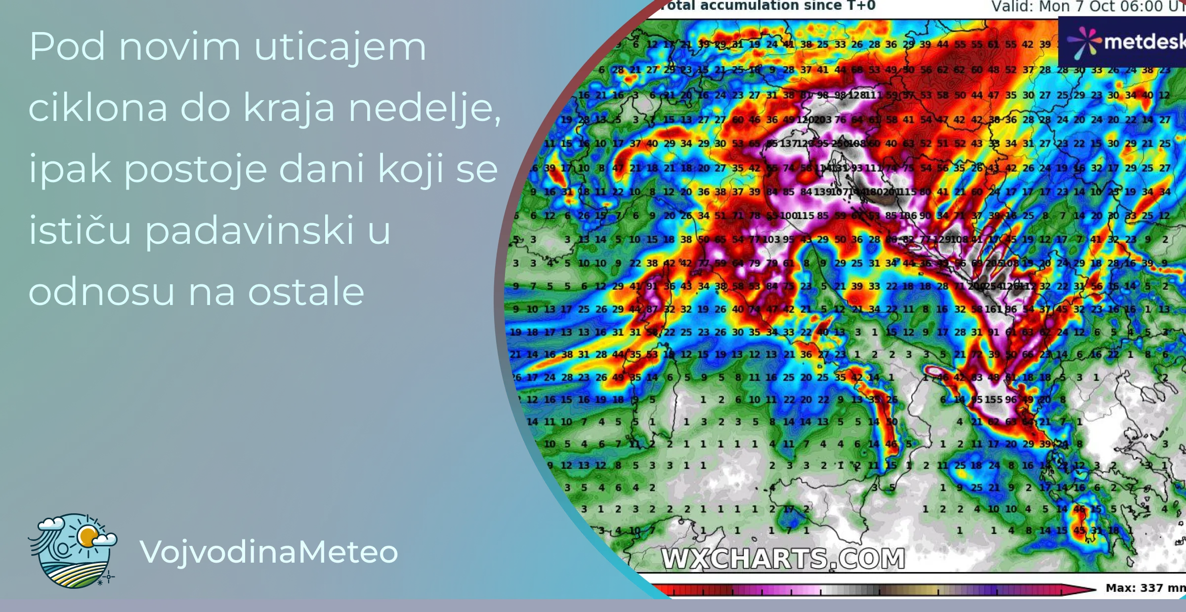 Najava novog uticaja ciklona i povremene kiše (Mapa u pozadini: wxcharts.com - ICON akumulacija kiše do ponedeljka)