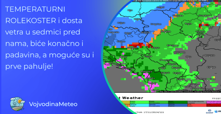 Meteorološki dinamična sedmica pred nama koja u petak može doneti i sneg (Mapa u pozadini: meteologix.com)