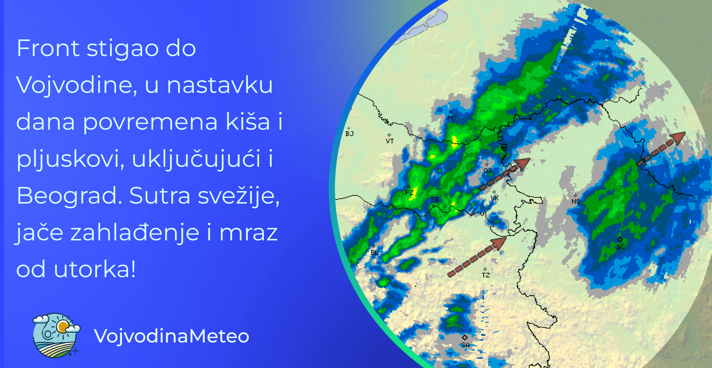 Prognoza do kraja dana i za narednih 7 dana sa najavom mraza (Mapa u pozadini: RC Gradište 16:25 ; meteo.hr)