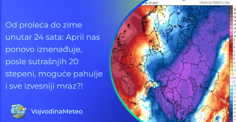 Najava osetnijeg zahlađenja u nedelju i mraza početkom sledeće sedmice (Mapa u pozadini: tropicaltidbits.com)